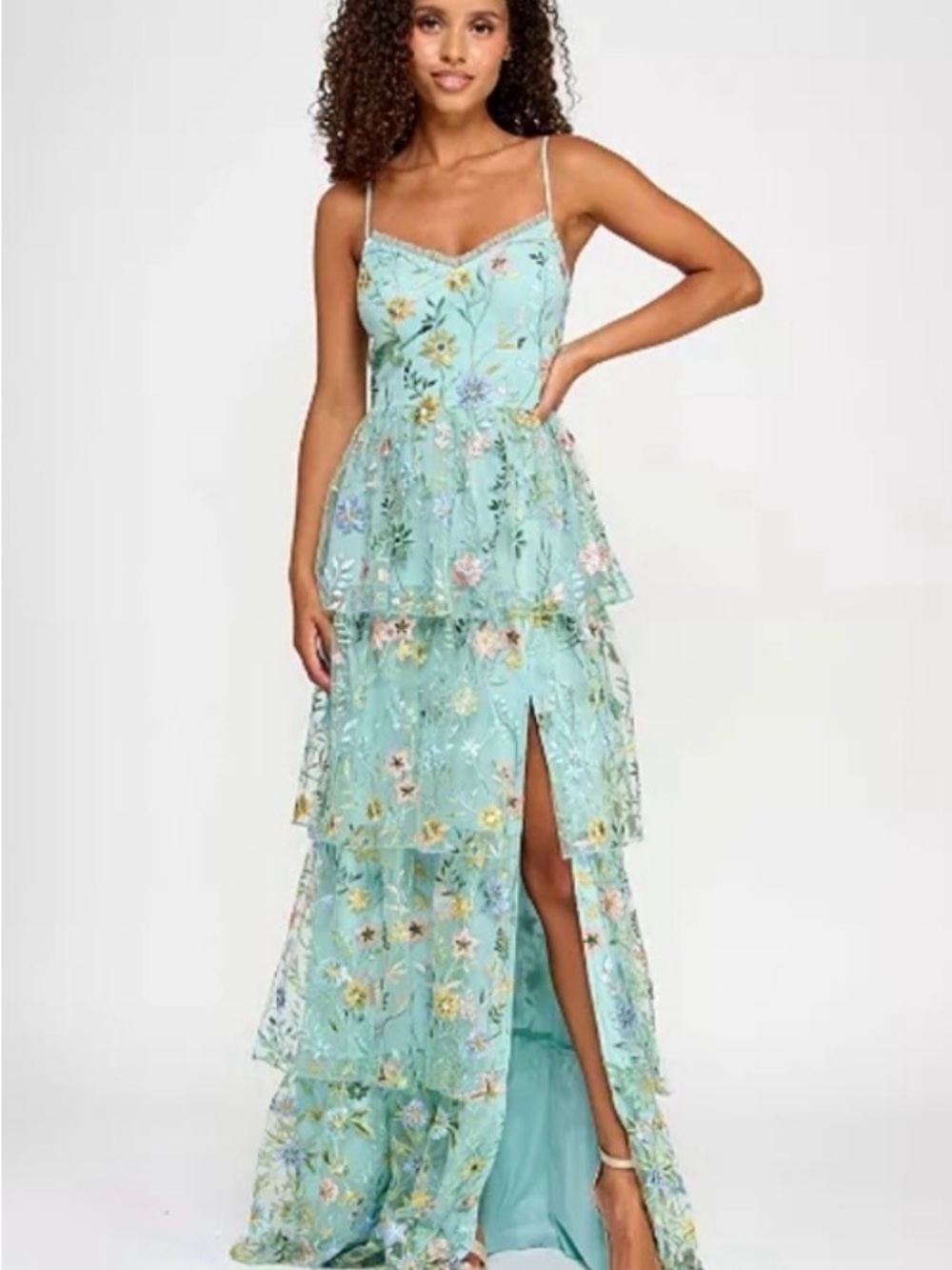 NWT Size 9/10 Green Floral Embroidered Tiered Maxi Prom Garden Dress